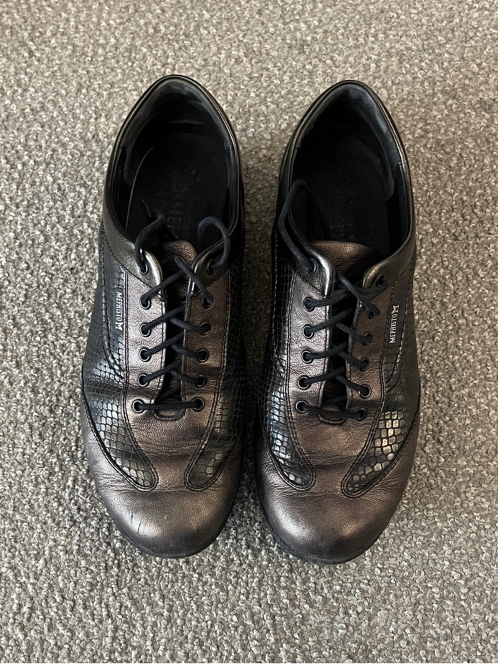 Mephisto Metallic Black Faux Snakeskin and Taupe Leather Lace-Up Sneakers